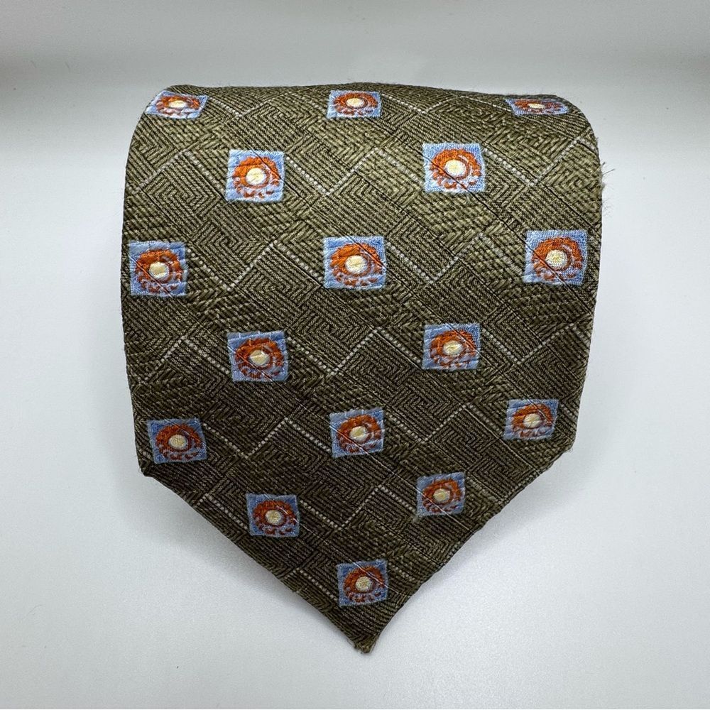 Sage Green and Blue Geometric Pattern Silk Tie